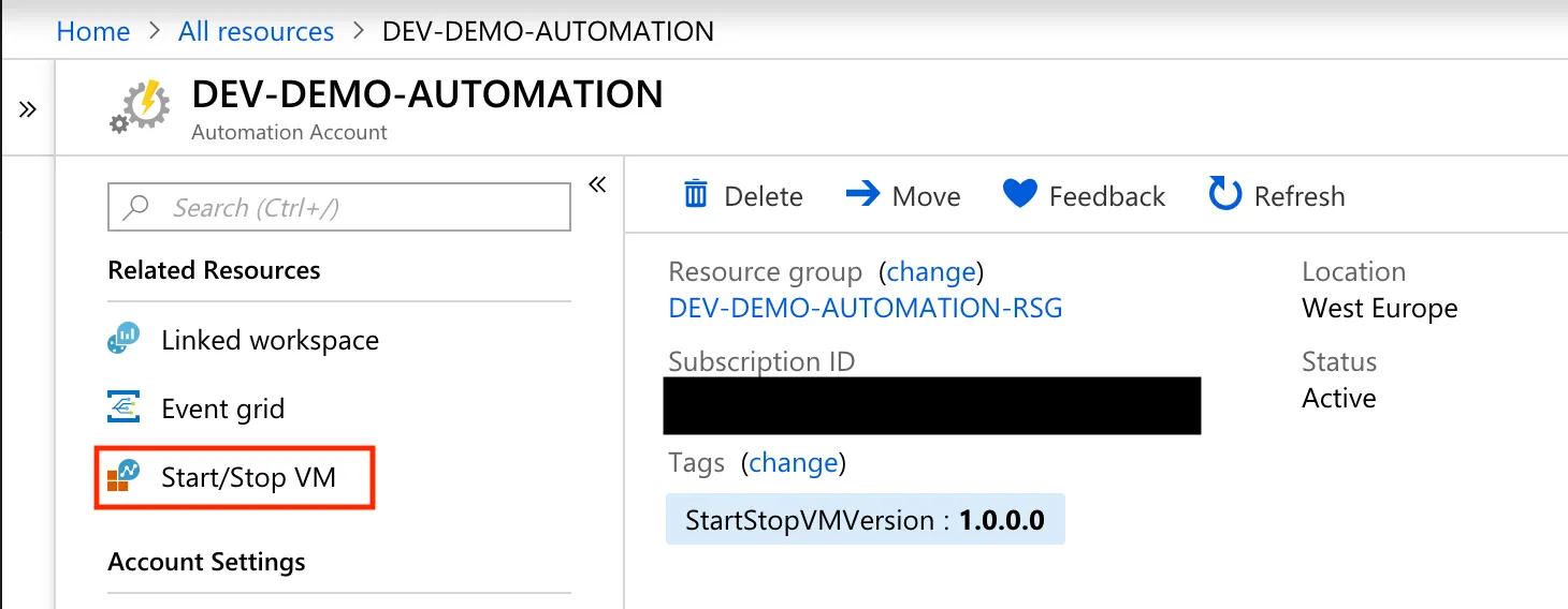 Azure Portal Start/Stop Screenshot